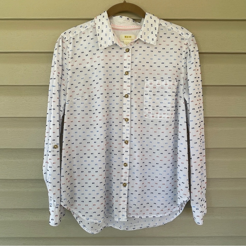 Maeve By Anthropologie Women’s White Multicolor Swiss Dot Blouse Size 6